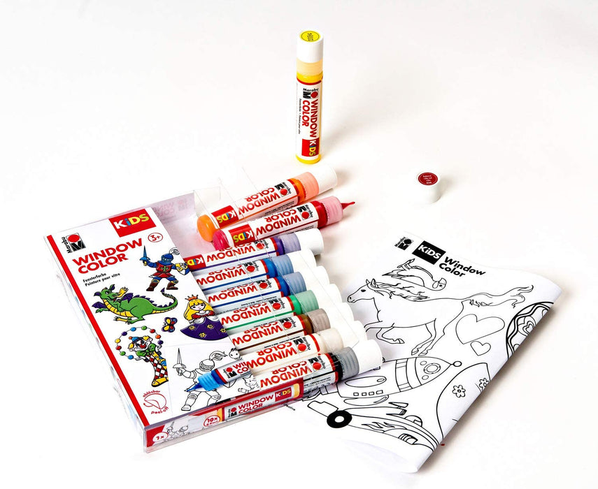 Kids Window Color Set mit 10 x 25 ml Farbe und Malvorlage A4 mit 18 Motiven, Fenstermalfarbe auf Wasserbasis, geeignet für Glas, Spiegel, Fliesen 