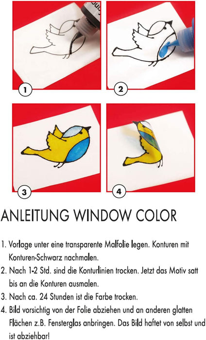 Kids Window Color Set mit 10 x 25 ml Farbe und Malvorlage A4 mit 18 Motiven, Fenstermalfarbe auf Wasserbasis, geeignet für Glas, Spiegel, Fliesen 