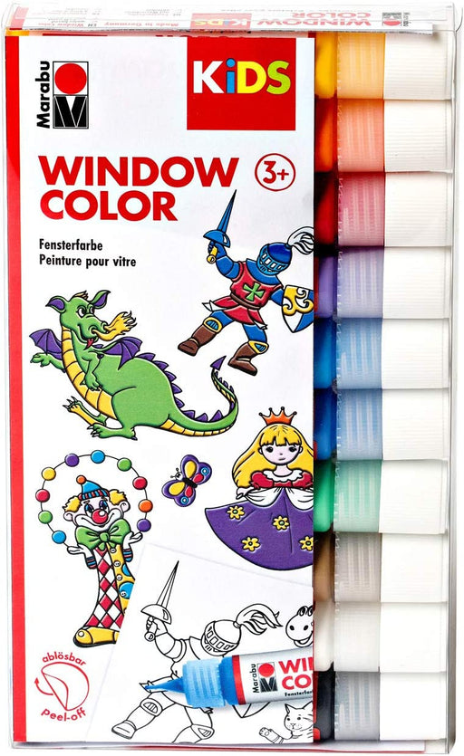 Kids Window Color Set mit 10 x 25 ml Farbe und Malvorlage A4 mit 18 Motiven, Fenstermalfarbe auf Wasserbasis, geeignet für Glas, Spiegel, Fliesen 