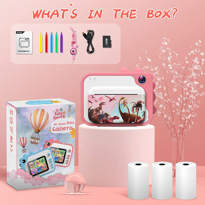 KinderKamera,DigitalKamera Print Sofortbildkamera 1080P 2.4 Zoll Bildschirm Videokamera Schwarzweiß Fotokamera mit 32GB Speicherkarte