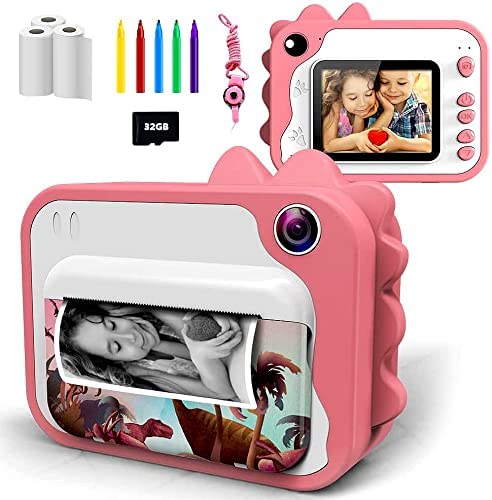 KinderKamera,DigitalKamera Print Sofortbildkamera 1080P 2.4 Zoll Bildschirm Videokamera Schwarzweiß Fotokamera mit 32GB Speicherkarte
