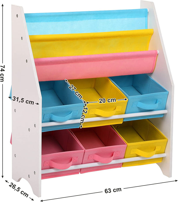 Kinderregal kleines Bücherregal Spielzeugregal Weißes Aufbewahrungsregal mit  bunten Aufbewahrungsboxen Kindermöbel 63 x 74 x 26,5 cm
