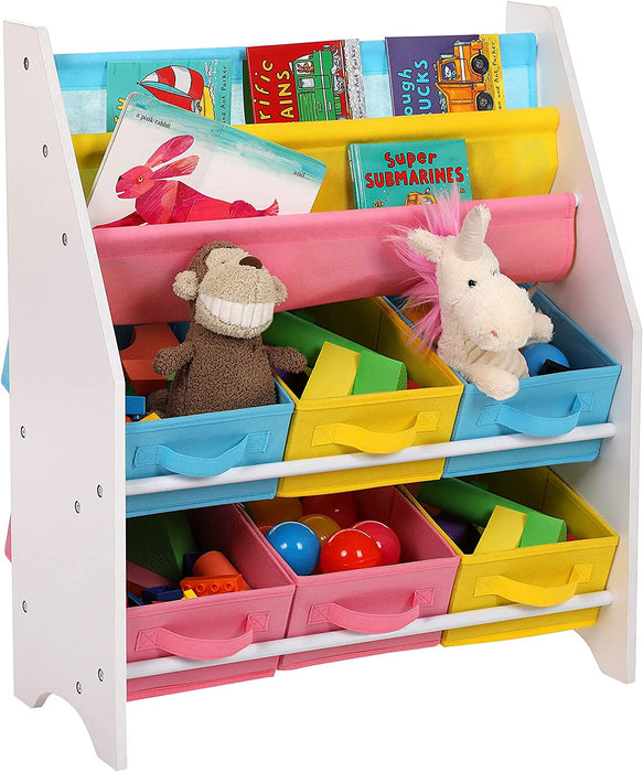 Kinderregal kleines Bücherregal Spielzeugregal Weißes Aufbewahrungsregal mit bunten Aufbewahrungsboxen Kindermöbel 63 x 74 x 26,5 cm 