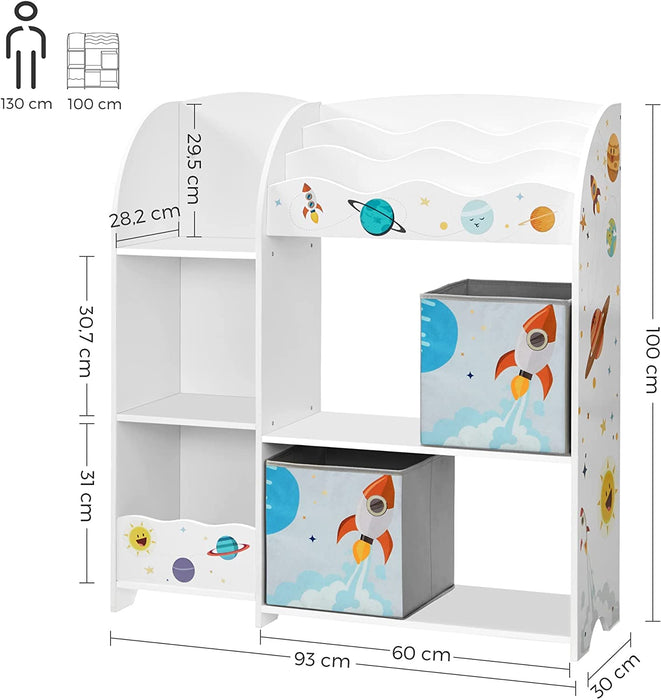 Kinderzimmerregal, Spielzeug-Organizer, Bücherregal für Kinder, multifunktionale Ablage mit 2 Aufbewahrungsboxen, Sticker mit Weltall-Motiven