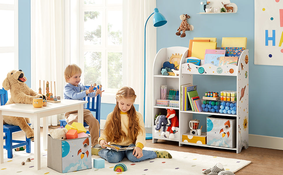 Kinderzimmerregal, Spielzeug-Organizer, Bücherregal für Kinder, multifunktionale Ablage mit 2 Aufbewahrungsboxen, Sticker mit Weltall-Motiven