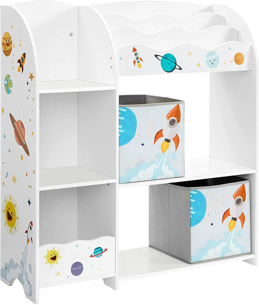 Kinderzimmerregal, Spielzeug-Organizer, Bücherregal für Kinder, multifunktionale Ablage mit 2 Aufbewahrungsboxen, Sticker mit Weltall-Motiven
