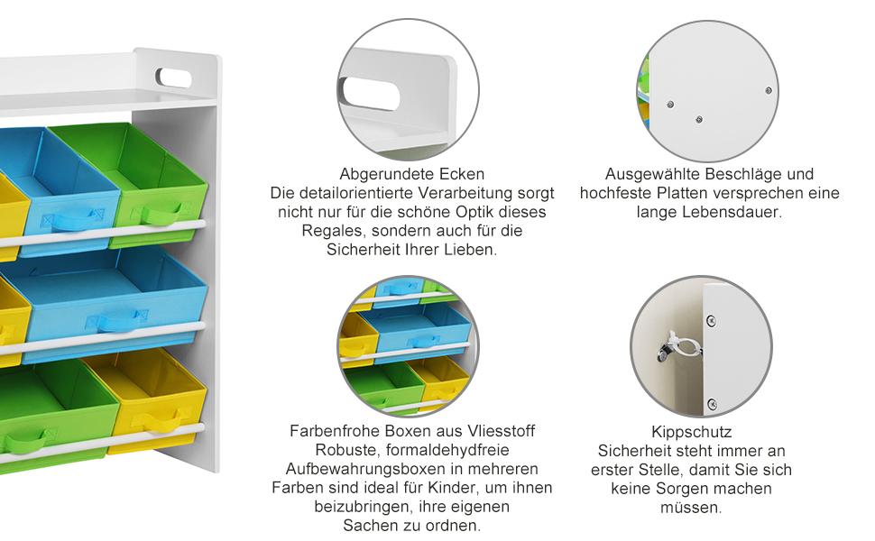 Kinderzimmerregal, Spielzeug-Organizer mit 9 herausnehmbaren Vlieskörben, Spielzeug- und Bücherregal fürs Kinderzimmer, Weißer Rahmen