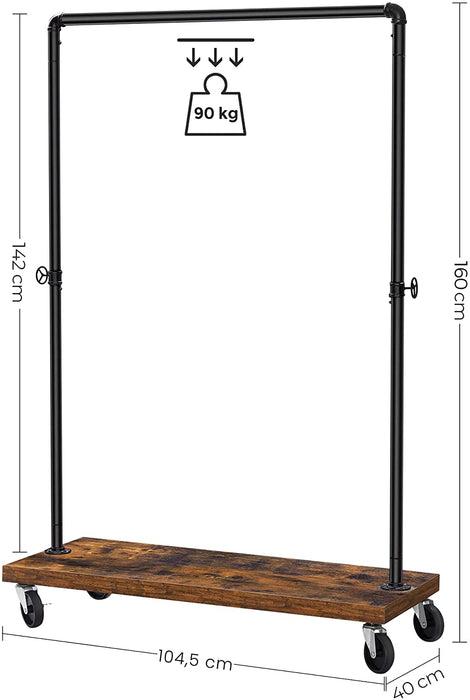 Kleiderständer, Garderobe, Garderobenständer, Kleiderstange bis 90 kg belastbar, mit Ablage, arretierbare Rollen, Industrie-Design, Wohnzimmer, Flur
