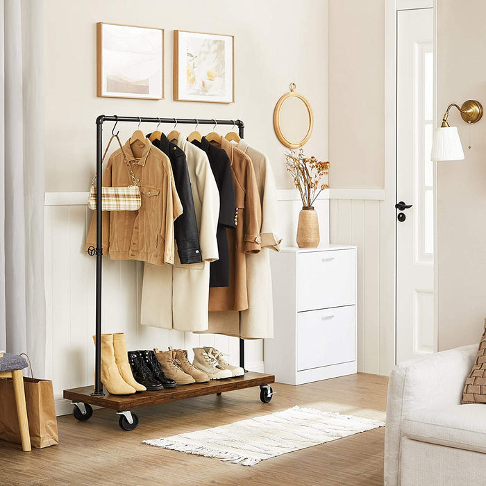 Kleiderständer, Garderobe, Garderobenständer, Kleiderstange bis 90 kg belastbar, mit Ablage, arretierbare Rollen, Industrie-Design, Wohnzimmer, Flur