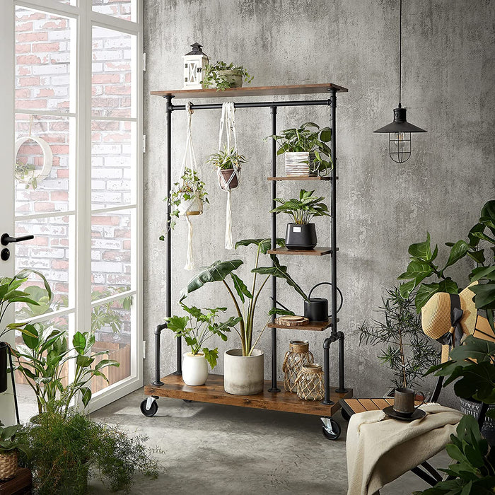 Kleiderständer auf Rollen, Garderobenständer, mit 5 Ablagen, aus Metallrohren, Holzoptik, Vintage, dunkelbraun