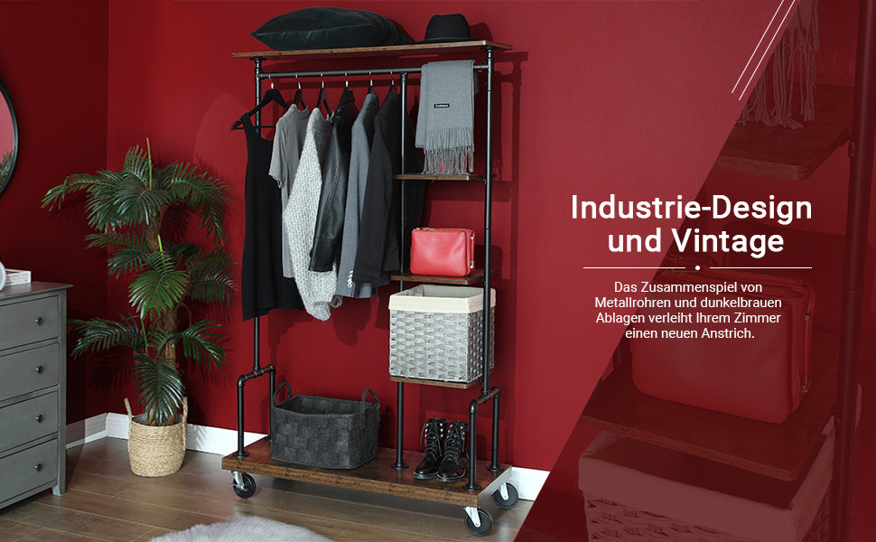 Kleiderständer auf Rollen, Garderobenständer, mit 5 Ablagen, aus Metallrohren, Holzoptik, Vintage, dunkelbraun