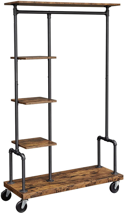 Kleiderständer auf Rollen, Garderobenständer, mit 5 Ablagen, aus Metallrohren, Holzoptik, Vintage, dunkelbraun