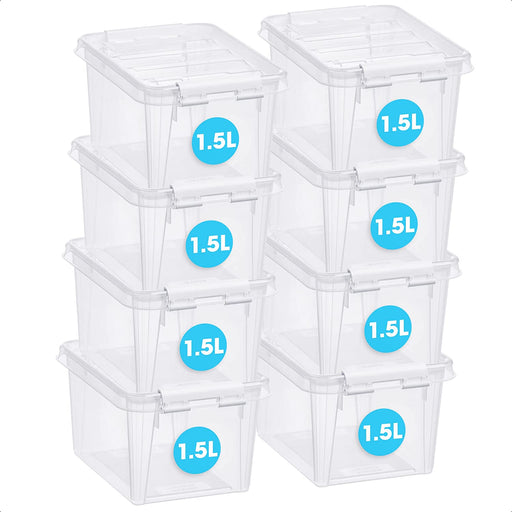 Kleine Aufbewahrungsboxen 1,5 L – 8 transparente und stapelbare Boxen mit Deckel und Clipverschluss weiss– BPA-frei und lebensmittelecht 