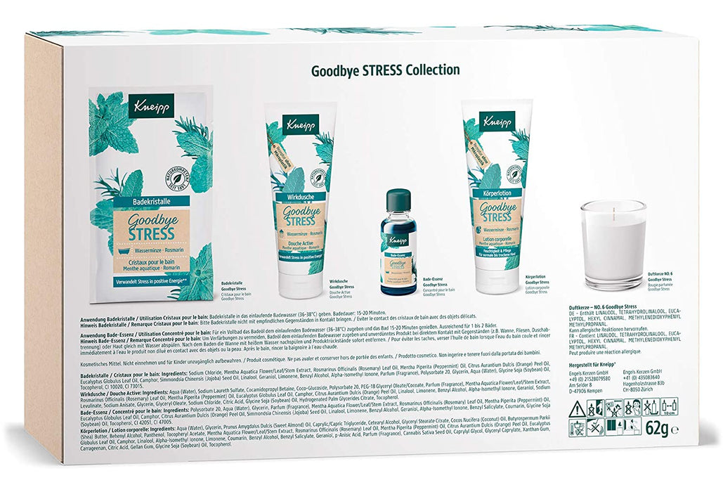 Kneipp Geschenkpackung Goodbye Stress Collection - Set aus 60g Badekristallen, 20ml Bade-Essenz, 75ml Wirkdusche, 75ml Körperlotion & 62g Duftkerze