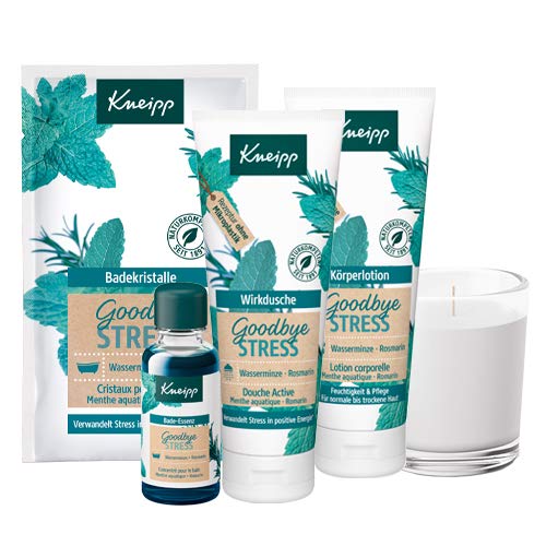 Kneipp Geschenkpackung Goodbye Stress Collection - Set aus 60g Badekristallen, 20ml Bade-Essenz, 75ml Wirkdusche, 75ml Körperlotion & 62g Duftkerze