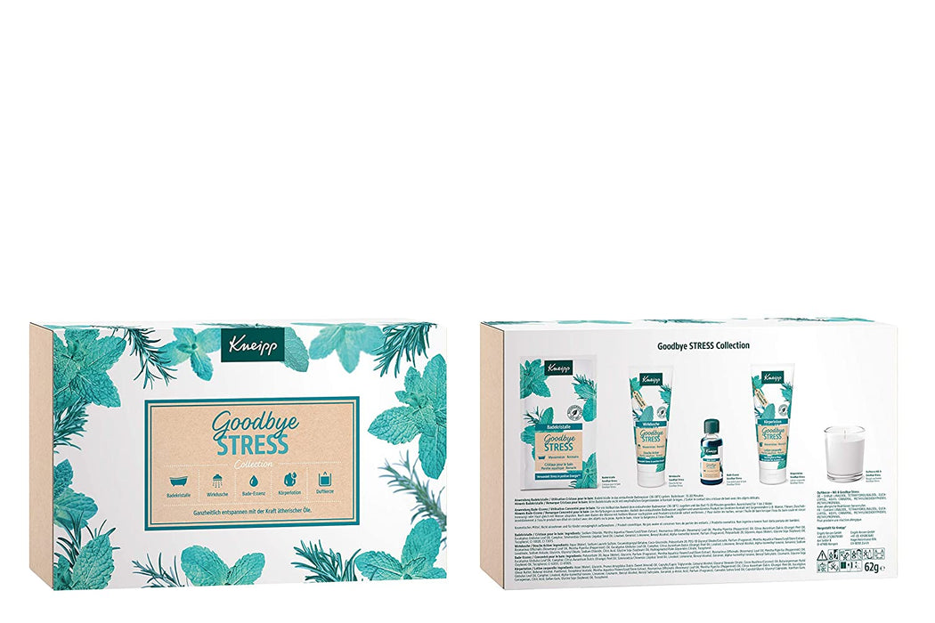 Kneipp Geschenkpackung Goodbye Stress Collection - Set aus 60g Badekristallen, 20ml Bade-Essenz, 75ml Wirkdusche, 75ml Körperlotion & 62g Duftkerze