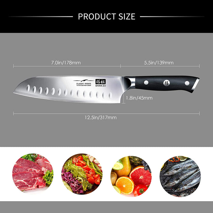 Kochmesser Küchenmesser, SHAN ZU Chefmesser Santoku Deutscher Carbon Edelstahl Scharfe Messerklinge 18cm Ergonomischer Griff Geschenkbox
