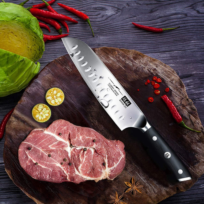 Kochmesser Küchenmesser, SHAN ZU Chefmesser Santoku Deutscher Carbon Edelstahl Scharfe Messerklinge 18cm Ergonomischer Griff Geschenkbox