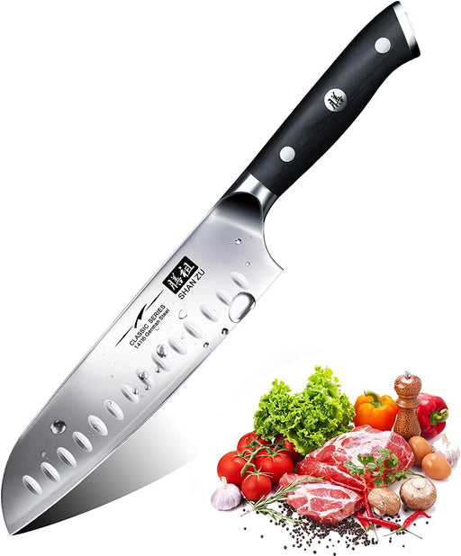 Kochmesser Küchenmesser, SHAN ZU Chefmesser Santoku Deutscher Carbon Edelstahl Scharfe Messerklinge 18cm Ergonomischer Griff Geschenkbox