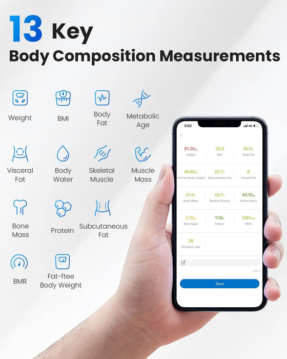 Körperfettwaage, Bluetooth Personenwaage mit App, Smart Digitale Waage für Körperfett, BMI, Gewicht, Muskelmasse, Wasser, Protein, BMR, Weiß