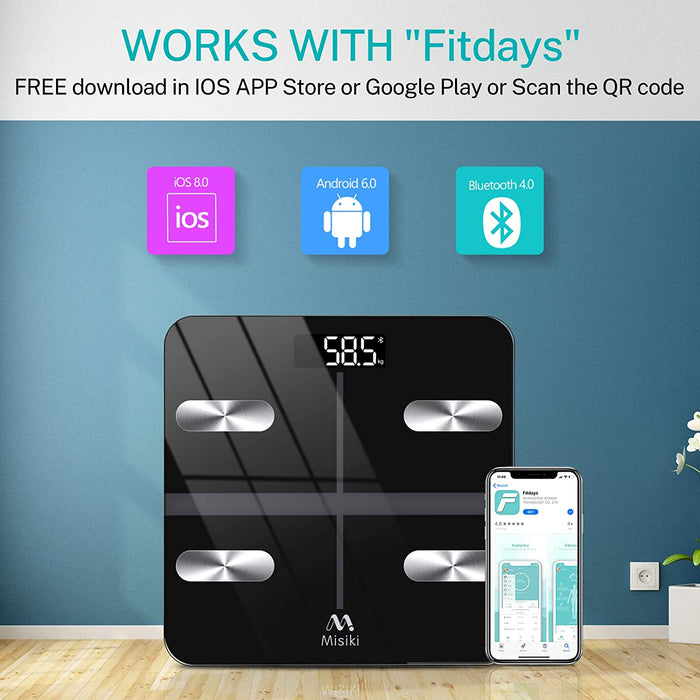 Körperfettwaage, Misiki Digital Personenwaagen Körperanalysewaagen Bluetooth BMI Waage mit LCD Display für Körperfett, Smart Waage mit App