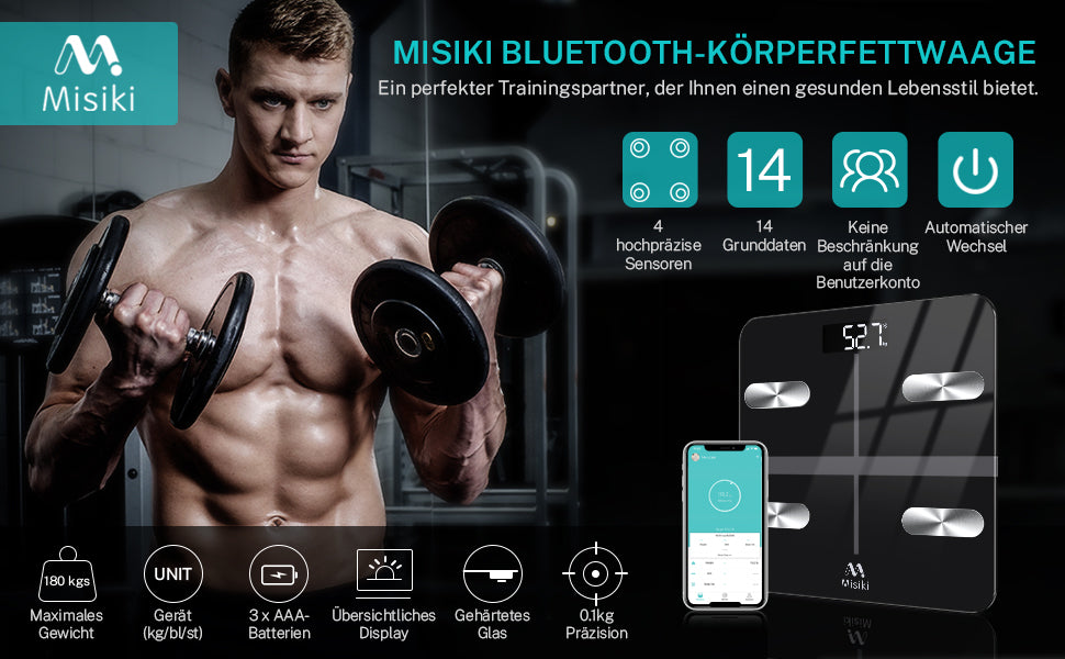 Körperfettwaage, Misiki Digital Personenwaagen Körperanalysewaagen Bluetooth BMI Waage mit LCD Display für Körperfett, Smart Waage mit App
