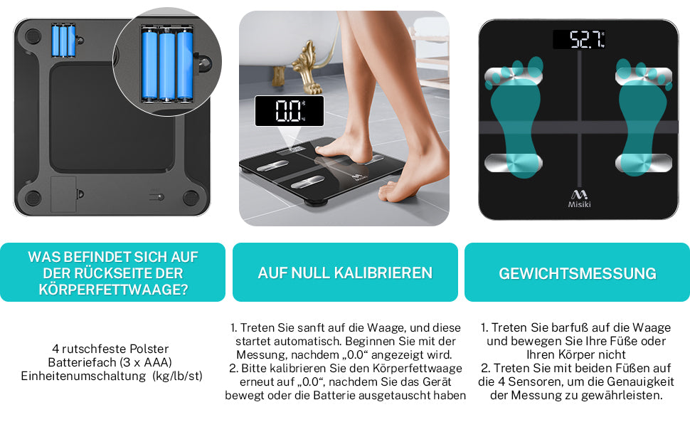 Körperfettwaage, Misiki Digital Personenwaagen Körperanalysewaagen Bluetooth BMI Waage mit LCD Display für Körperfett, Smart Waage mit App