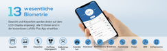  Körperfettwaage, Personenwaage digital mit Bluetooth App, Waage Personen für Körperfett und Muskelmasse, BMI, Protein, BMR, usw. 180kg (Schwarz)