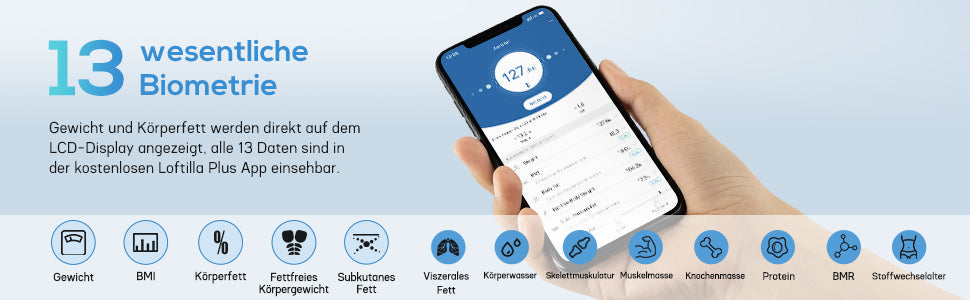  Körperfettwaage, Personenwaage digital mit Bluetooth App, Waage Personen für Körperfett und Muskelmasse, BMI, Protein, BMR, usw. 180kg (Schwarz)
