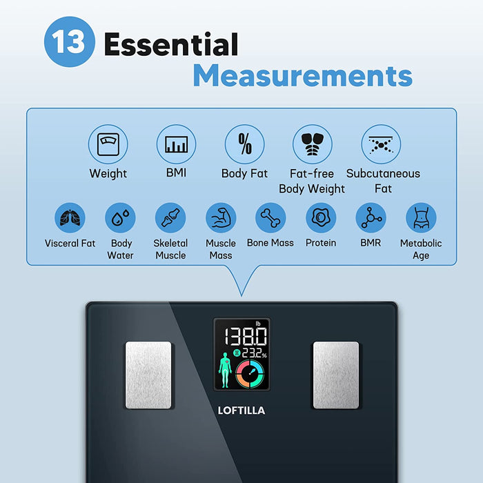  Körperfettwaage, Personenwaage digital mit Bluetooth App, Waage Personen für Körperfett und Muskelmasse, BMI, Protein, BMR, usw. 180kg (Schwarz)