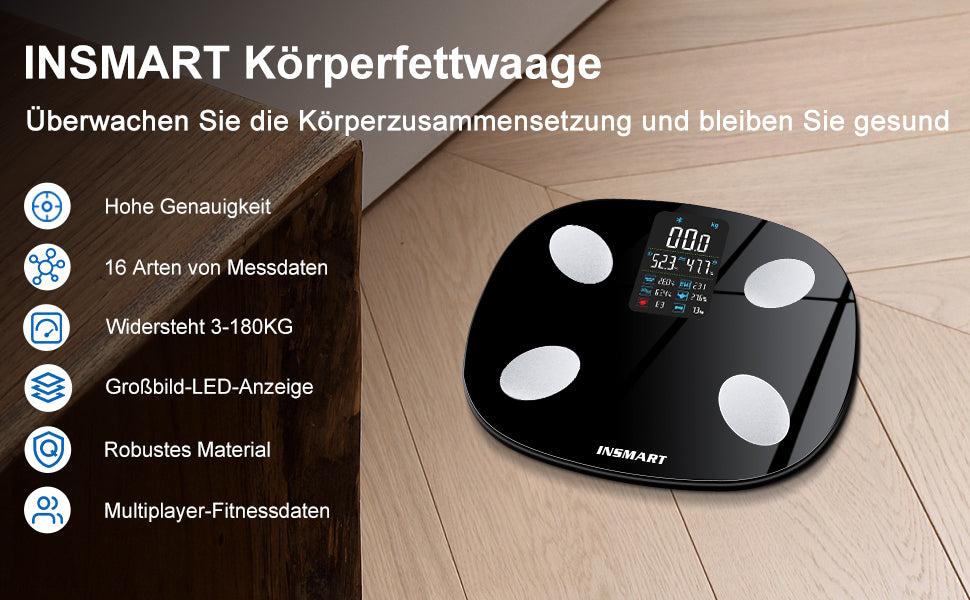 Körperfettwaage, Waage Personen mit APP, Fortgeschrittene Personenwaage digital für Gewicht, Körperfett, Muskelmasse, Herzfrequenz, Herz-Index