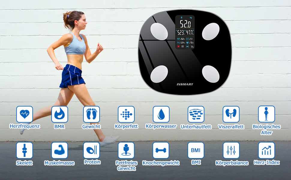 Körperfettwaage, Waage Personen mit APP, Fortgeschrittene Personenwaage digital für Gewicht, Körperfett, Muskelmasse, Herzfrequenz, Herz-Index