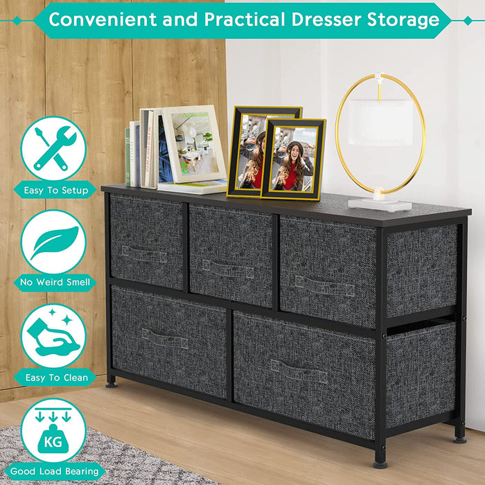 Kommode Schmal Schrank mit 5 Schubladen aus Stoff, praktische Aufbewahrungskommode, Ordnungsmöbel für Schlafzimmer, Kinderzimmer