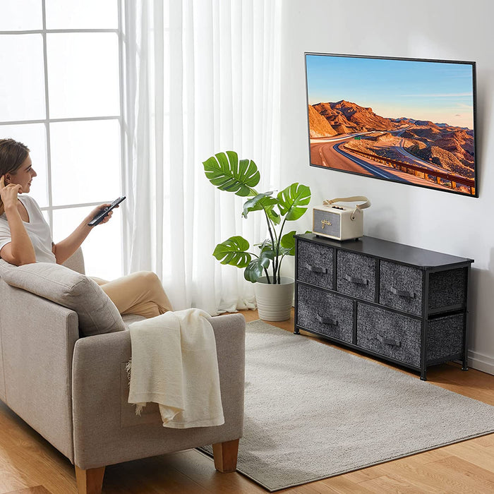 Kommode Schmal Schrank mit 5 Schubladen aus Stoff, praktische Aufbewahrungskommode, Ordnungsmöbel für Schlafzimmer, Kinderzimmer