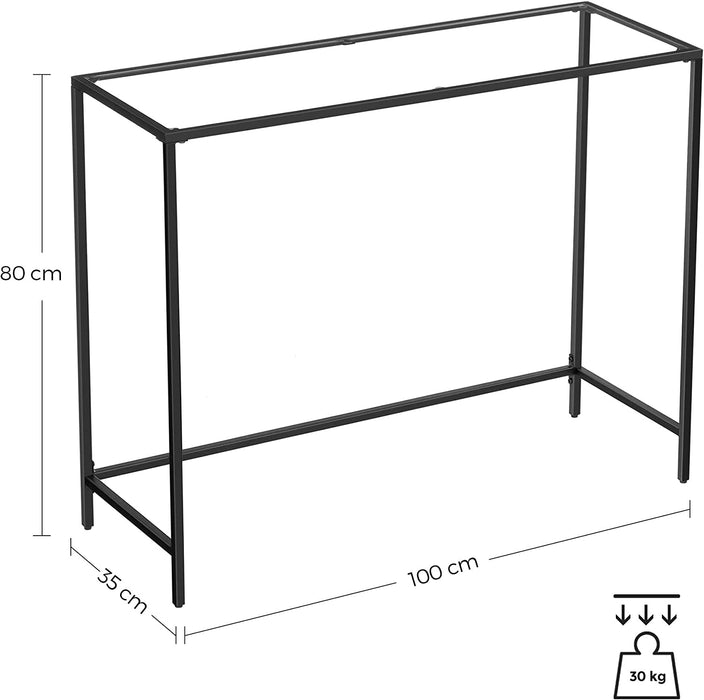 Konsolentisch, Beistelltisch aus Hartglas, 100 x 35 x 80 cm, einfacher Aufbau, verstellbare Füße, Wohnzimmer, Flur, schwarz