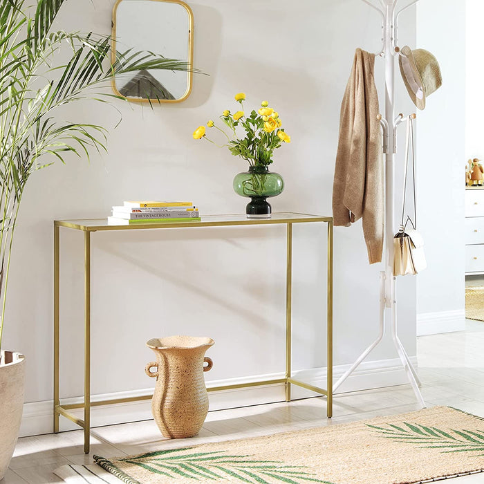 Konsolentisch, Beistelltisch aus Hartglas, moderner Sofatisch, einfacher Aufbau, verstellbare Füße, Wohnzimmer, Flur, goldfarben