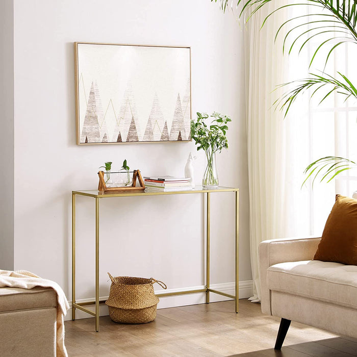 Konsolentisch, Beistelltisch aus Hartglas, moderner Sofatisch, einfacher Aufbau, verstellbare Füße, Wohnzimmer, Flur, goldfarben