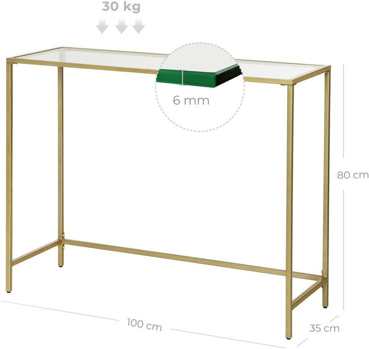 Konsolentisch, Beistelltisch aus Hartglas, moderner Sofatisch, einfacher Aufbau, verstellbare Füße, Wohnzimmer, Flur, goldfarben