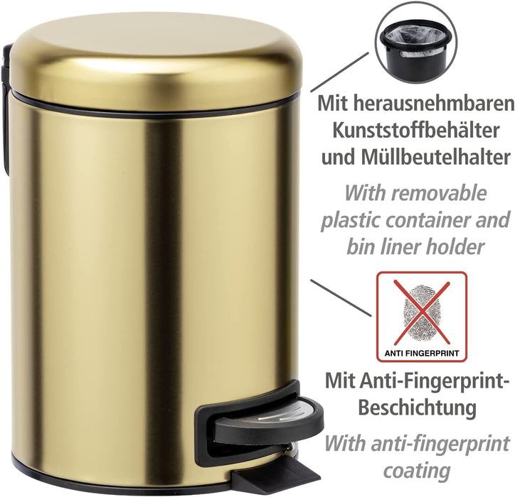 Kosmetik Treteimer Leman Gold matt 3 L - Kosmetikeimer, Mülleimer mit Anti-Fingerprint Fassungsvermögen 3 l, Edelstahl rostfrei, Gold