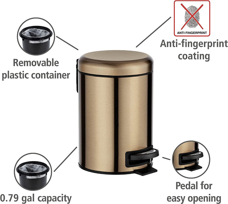 Kosmetik Treteimer Leman Metallic-Kupfer 3 L - Kosmetikeimer, Mülleimer mit Anti-Fingerprint Fassungsvermögen 3 l, Edelstahl rostfrei, Kupfer