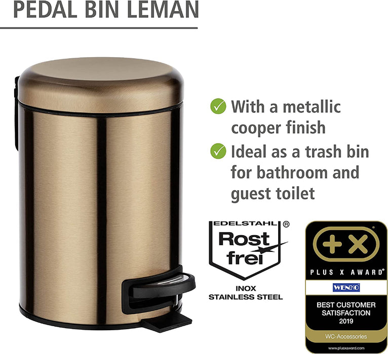 Kosmetik Treteimer Leman Metallic-Kupfer 3 L - Kosmetikeimer, Mülleimer mit Anti-Fingerprint Fassungsvermögen 3 l, Edelstahl rostfrei, Kupfer