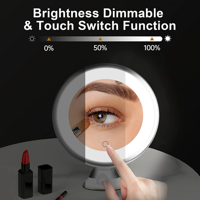 Kosmetikspiegel LED Beleuchtung mit 10fach Vergrößerungsspiegel, Dimmbar Schminkspiegel mit Starke Saugnapf , 360° Schwenkbar Spiegel mit Touch-Screen