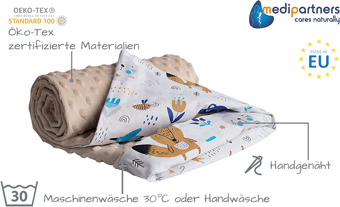 Krabbeldecke 100% Baumwolle 75x100cm doppelseitig multifunktional Minky Kuscheldecke für Kinderwagen weich flauschig (Boho Animals mit beige Minky)