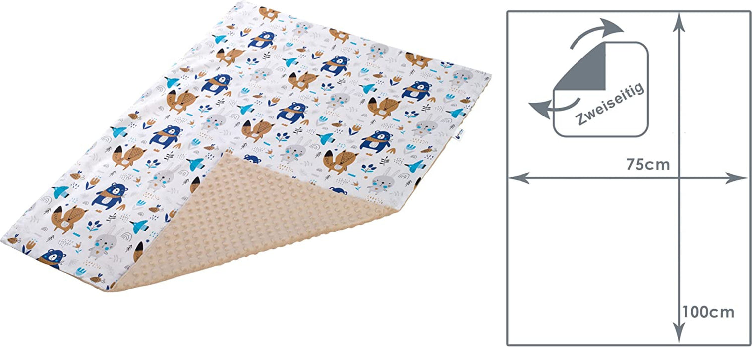 Krabbeldecke 100% Baumwolle 75x100cm doppelseitig multifunktional Minky Kuscheldecke für Kinderwagen weich flauschig (Boho Animals mit beige Minky)