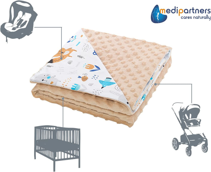 Krabbeldecke 100% Baumwolle 75x100cm doppelseitig multifunktional Minky Kuscheldecke für Kinderwagen weich flauschig (Boho Animals mit beige Minky)