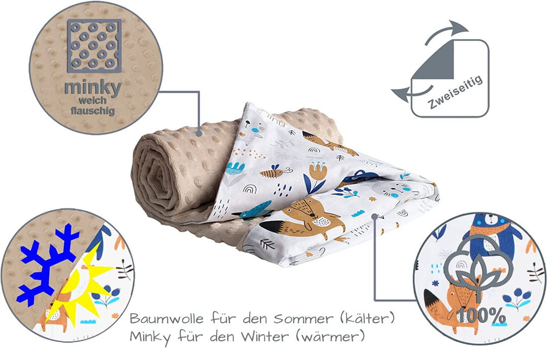 Krabbeldecke 100% Baumwolle 75x100cm doppelseitig multifunktional Minky Kuscheldecke für Kinderwagen weich flauschig (Boho Animals mit beige Minky)