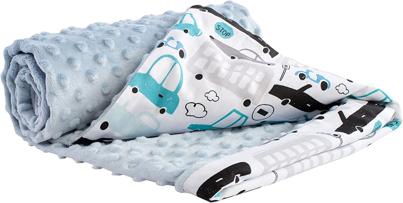 Krabbeldecke 100% Baumwolle 75x100cm doppelseitig multifunktional Minky Kuscheldecke für Kinderwagen weich flauschig (Cars mit hellblau Minky)
