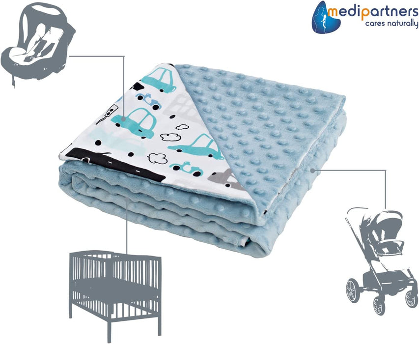 Krabbeldecke 100% Baumwolle 75x100cm doppelseitig multifunktional Minky Kuscheldecke für Kinderwagen weich flauschig (Cars mit hellblau Minky)