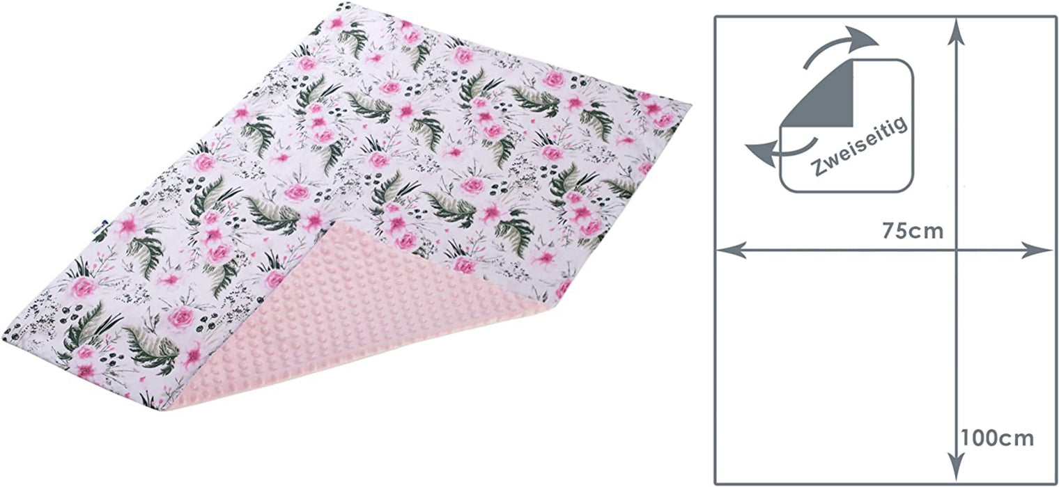 Krabbeldecke 100% Baumwolle 75x100cm doppelseitig multifunktional Minky Kuscheldecke für Kinderwagen weich flauschig (Hellrosa Blument)