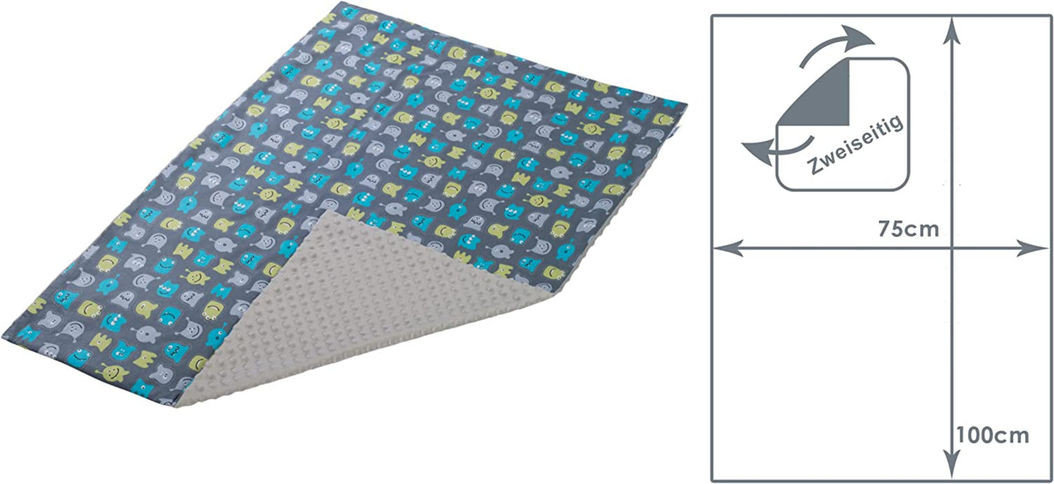 Krabbeldecke 100% Baumwolle 75x100cm doppelseitig multifunktional Minky Kuscheldecke für Kinderwagen weich flauschig (Kreaturen mit grauem Minky)
